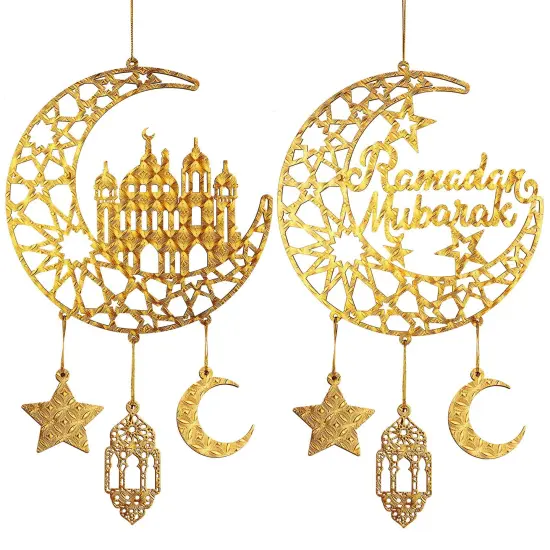 2 Pieces Eid Mubarak Door Sign Wooden Hanging Signs, Ramadan Kareem Hollow Ornament Decorations Moon and Stars, Moon Shape Ramadan Mubarak Party Wood Wall Hanger for Islamic Muslim Home Decor {1}