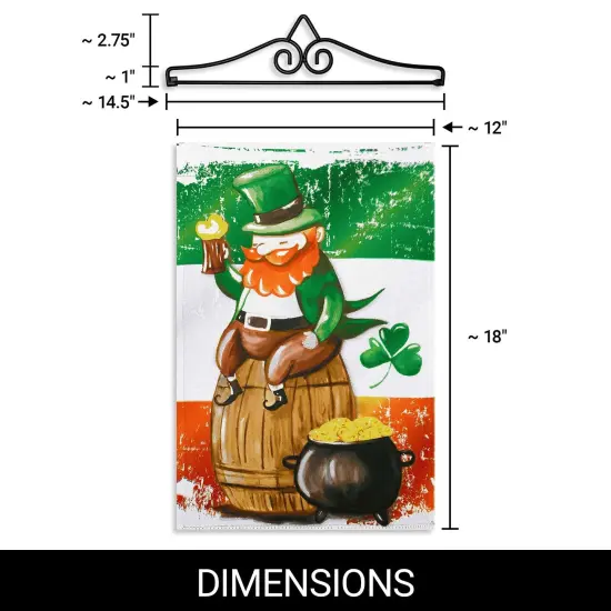 G128 Combo Pack Garden Flag Hanger 14IN & Garden Flag Happy St. Patrick's Day Leprechaun Barrel Gold Printed 12x18IN Double Sided {2}