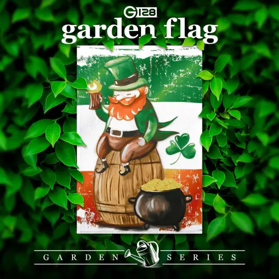 G128 Happy St. Patrick&rsquo;s Day Leprechaun Barrel Gold Garden Flag 12x18 In Double Sided St. Patrick's Day Yard Garden Lawn Decoration {2}