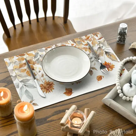 Set of 4 Fall Floral Grass Placemats - 12x18 Inch (Beige) {4}