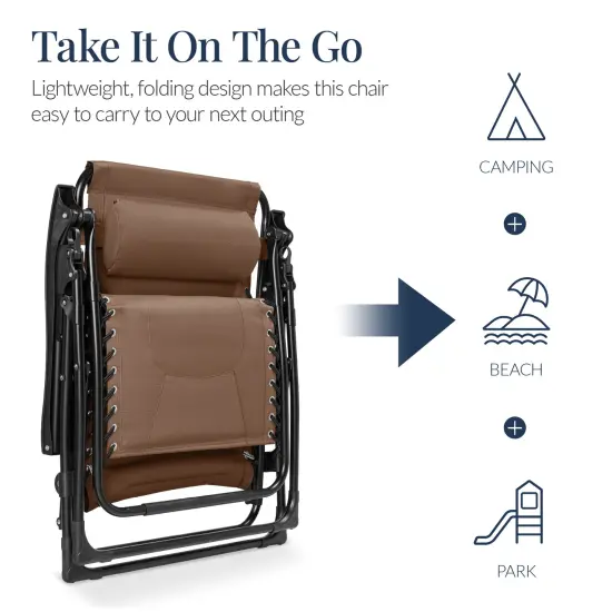 Best Choice Products Oversized Padded Zero Gravity Chair, Folding Outdoor Patio Recliner w/ Side Tray Dark Brown {5}