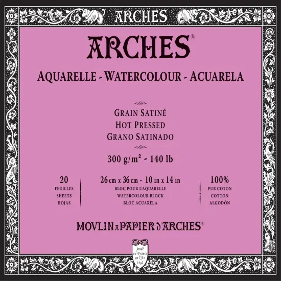 Arches Aquarelle Hot Pressed Watercolor Block 10"X14"- 140lb, 20 Sheets {1}