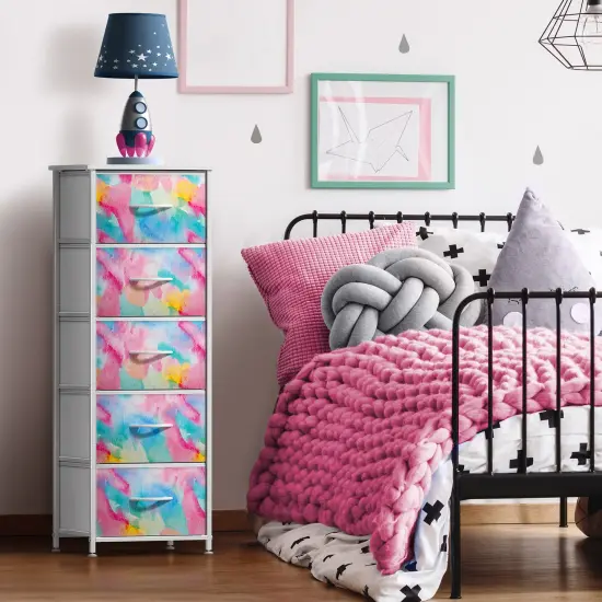 Sorbus Narrow 5 Drawers Nightstand with Steel Frame, Wood Top, Easy Pull Fabric Bins for Home, Bedroom, Office & Dorm Watercolor tie dye {2}