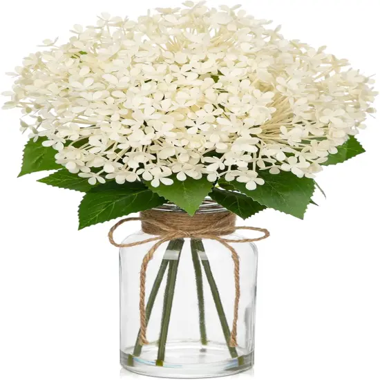 Artificial Hydrangea Flowers in Glass Vase with Faux Water, 13.8" Fake Cream Hydrangeas Arrangement Centerpiece for Home Caf&eacute; Kitchen Bathroom Decoration {1}