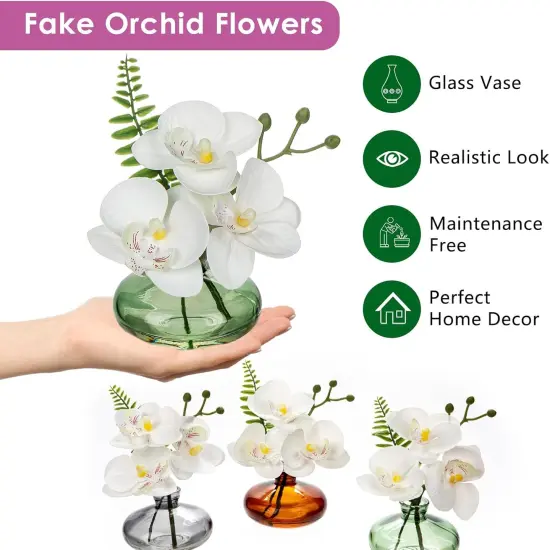 White Orchids Artificial Flowers Faux Orchids Arrangement in Light Green Glass Vases Set of 3 Real Touch Phalaenopsis Orchid Flowers Small Fake Orchid Centerpiece for Dining Room Table {3}