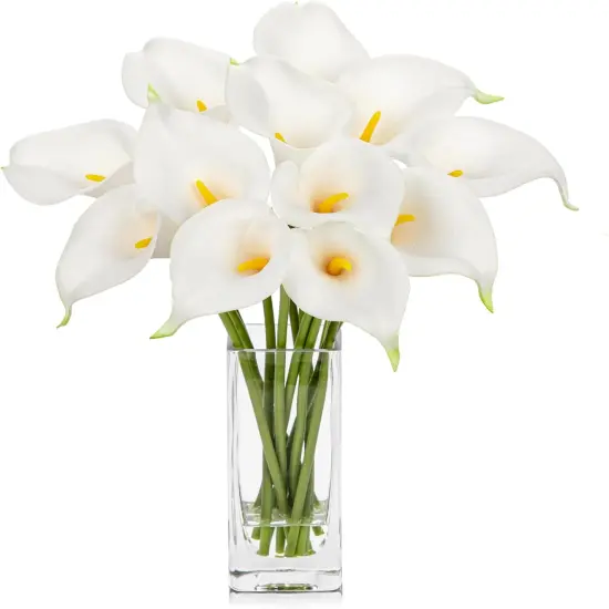 Fake Flowers in Vase 12&ldquo; Artificial Calla Lily Pure-White Flowers Arrangement with Vase and Faux Water for Home Decor Dining Table {1}
