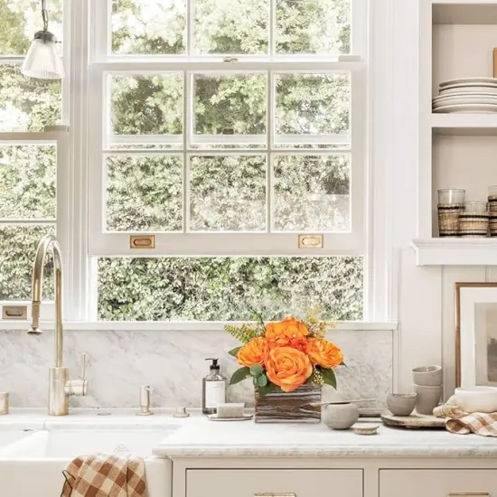 Artificial Flower Arrangement, 8'' Orange Roses Peonies Hydrangeas in Wooden Planter, Rustic Fake Flowers in Pot for Home Decor Living Room - 1PC {5}