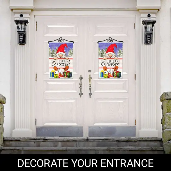 G128 Combo Pack Garden Flag Hanger 14IN & Garden Flag Hello Winter Gnome Gifts Printed 12x18IN Double Sided {6}