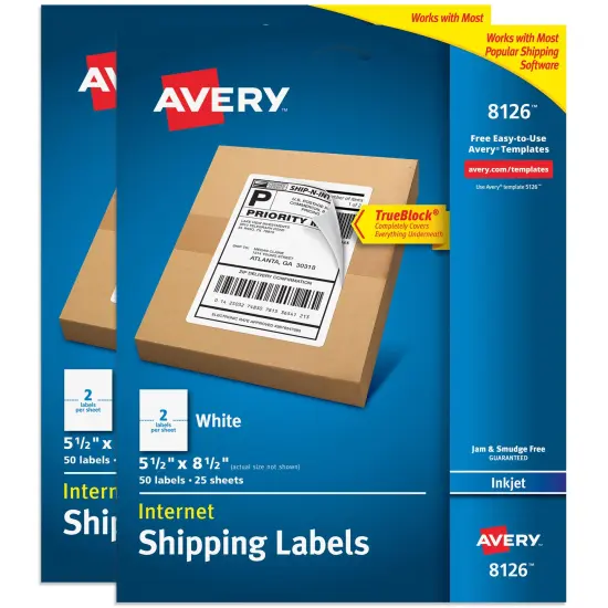 Avery Printable Shipping Labels, 5.5" x 8.5" Customizable Stickers, White, 100 Blank Mailing Labels Total, Great for Mailing, Shipping, Organizing, and More (2-Pack of 8126) {1}