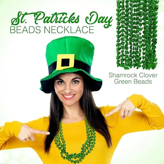 4E's Novelty St Patricks Day Beads Necklace Bulk (12 Pack) Shamrock Clover Green Beads - St. Patrick's Day Gifts for Kids, Kids Party Favor Supplies Costume Accessories {6}