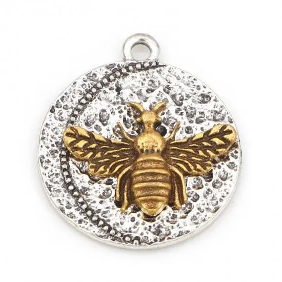 *10* 25x21mm Antique Silver/Gold 2 Tone Hammered Bee Charms {4}