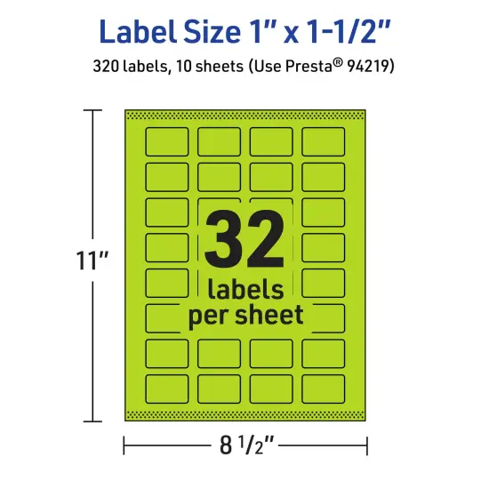 Avery Bright Green Paper Labels, 1" x 1.5" Rectangle {5}