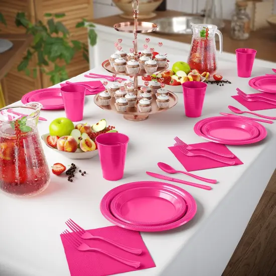 Exquisite 350 Pcs Plastic Plates for Party &ndash; Disposable Plates Set &ndash; 50 Each of 9" Dinner Plates, 7" Dessert Plates, Plastic Cups, Napkins & Plastic Cutlery &ndash; Plastic Dinnerware by Party Solids Hot Pink {4}