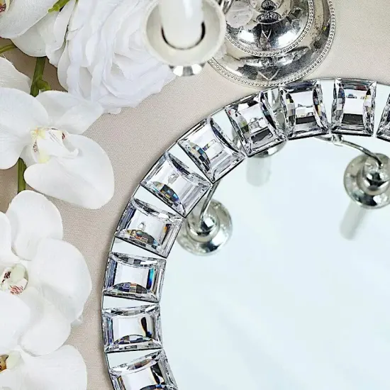 2 Silver 13" Round Mirror Glass Charger Plates with Crystal Rim Wedding Supplies {2}
