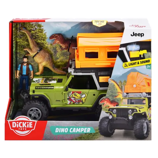 Dickie Toys: Jeep Dino Camper Set - Green & Orange - Light & Sound Toy Vehicle w/ Trailer, Action Figure & 2 Dinosaurs, Licensed, Kids Ages 3+ {7}