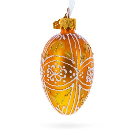 Amber Gold with White and Gold Filigree Design Mini Glass Egg Ornament 2.9 Inches {4}