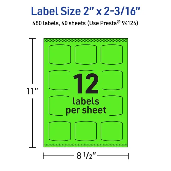 Avery Neon Green Paper Labels, 2" x 2-3/16" Arched Square {5}