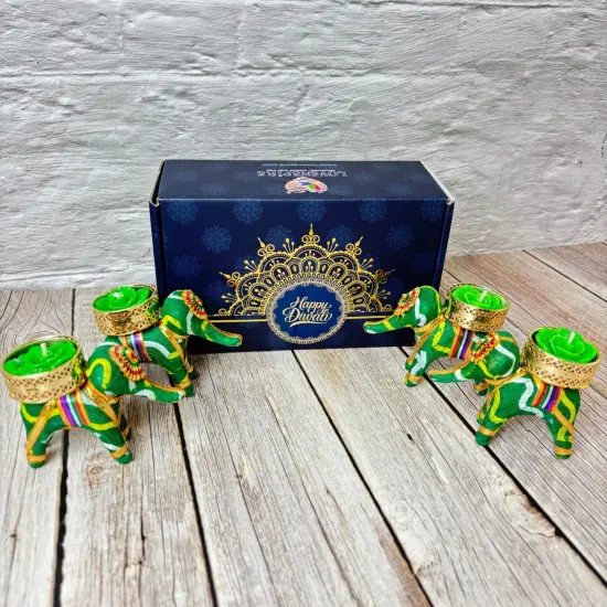 Personalized Diwali Gifts Hamper Set of 4 Elephant Tealight Candle Holder Diwali Custom Gifts Boxes Indian Festival Deepawali Hamper for Employees Home Office Friends Family - Return Gift {6}