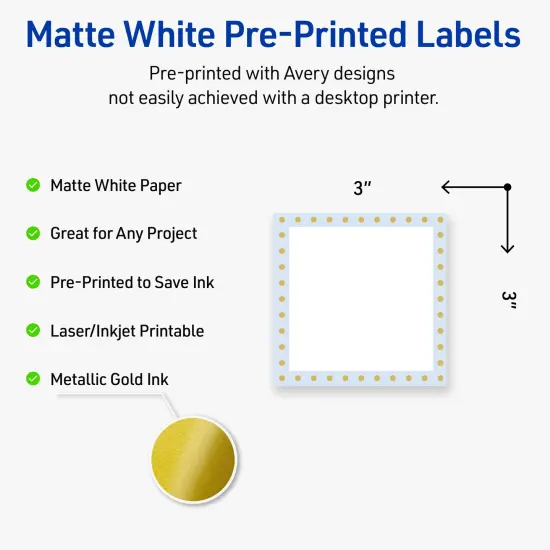 Avery Printable Square Labels, Gold Dots with Blue Border, 3" x 3", Matte White Square Labels, Permanent, Laser/Inkjet, 60ct, Great for Product Labels {2}