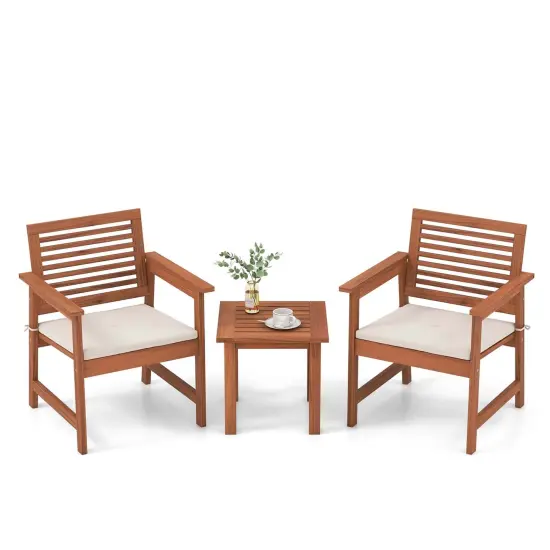 Costway 3 PCS Patio Furniture Set with 2 Seat Cushions Coffee Table Solid Wood Chairs {2}