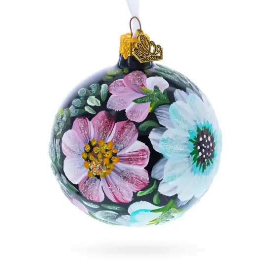 Pink and White Floral Blossoms Glass Ball Christmas Ornament 3.25 Inches {4}