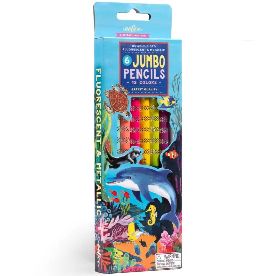 eeBoo: Double-Sided Jumbo Colored Pencils &ndash; Sea Life - 6pc Set, 12 Metallic & Fluorescent Colors, Sharpener, Chunky Foil Barrel, Kids Art Supplies {1}