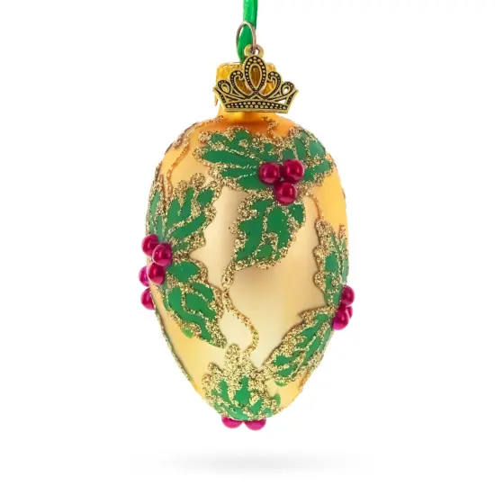 Golden with Holly Leaf and Red Berry Accents Mini Glass Egg Ornament 2.9 Inches {1}