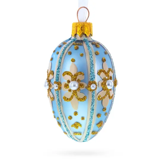 Powder Blue with Gold Glitter and Pearl Accents Mini Glass Egg Ornament 2.9 Inches {4}