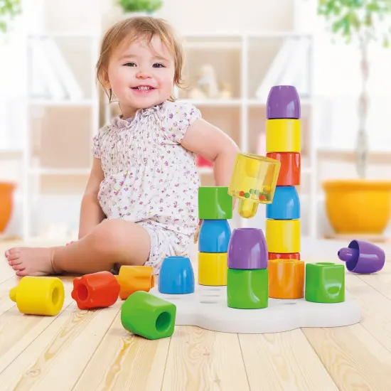 Quercetti: Chunky Peggy - 22pc Peg Blocks Stacking Toy, Shapes Sorting Set, Colorful Building, Rattle Block, Original Daisy Basket, Baby & Toddler 1+ {5}