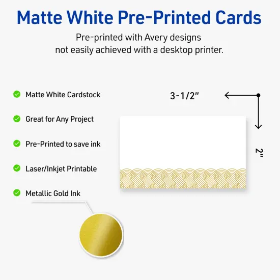 Avery Printable Rectangle Business Cards with Sure Feed Technology, Pre-Printed Gold Lace Trim Pattern, Matte White, 2" x 3.5", Laser & Inkjet Compatible, 80 Total {2}