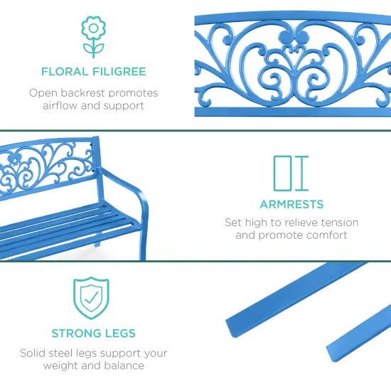 Best Choice Products Outdoor Steel Bench Garden Patio Porch Furniture w/ Floral Design Backrest Ocean Blue {6}