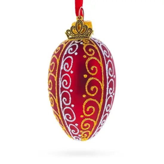 Red with Gold and White Swirl Design Mini Glass Egg Ornament 2.9 Inches {1}