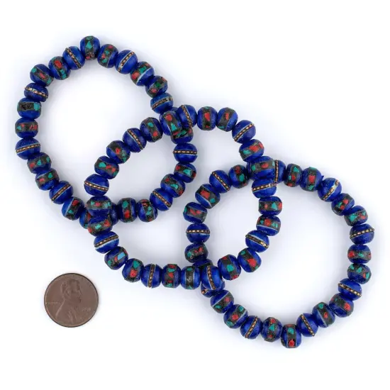 The Bead Chest Mala Stretch Bracelet, Cobalt Blue - Stackable Nepal Bone Inlaid with Turquoise & Coral Colors, 100% Authentic and Genuine {2}