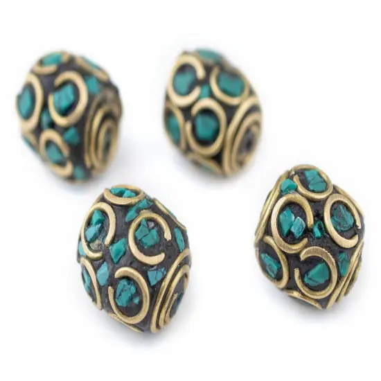 The Bead Chest Inlaid Nepali Cylindrical Brass Beads 12mm, Set of 4 Multicolor Cylinder {3}
