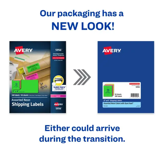 Avery 2"x 4" Neon Shipping Labels with Sure Feedfor Laser Printers, Assorted: Green, Pink, Yellow Labels, 500 Neon Labels (5956) {2}
