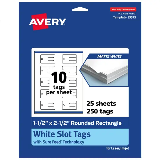 Avery Printable Rounded Rectangle Slot Tags, Sure Feed Technology, 1-1/2" x 2-1/2", Matte White Cardstock, Print-to-The-Edge, Laser/Inkjet Printable, 100 Total {1}