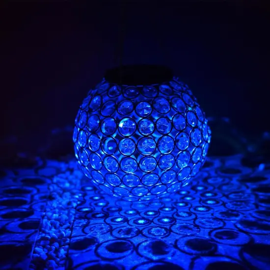 Solar Hanging Lantern Outdoor Lights, Dual LEDs Color Changing and Blue Hanging Light Waterproof Crystal Globe Lamp Decoration in Garden, Pathway, Front Door - Blue {3}