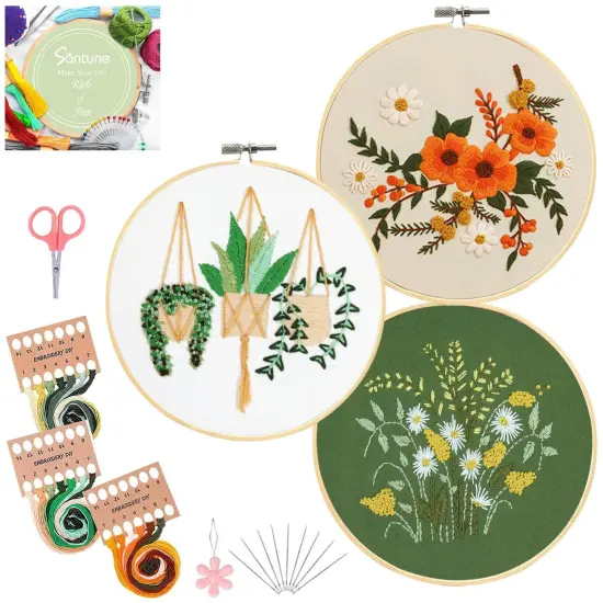 3 Sets Embroidery Kit for Beginners Needlepoint Cross Stitch Kits for Adults,Stitch Learning DIY Sets with Instruction Video,Stamped Floral Patterns,Hoop,Threads,Sewing Hobby {1}