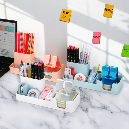 Pen Holder for Desk, Desktop Organizer with Mobile phone holder/Pencil Holders/Sticky Note Tray/Paperclip Storage and Office Stationery Accessories Caddy for Office Home School (White) {5}