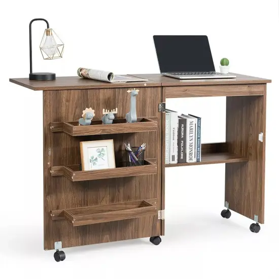 Costway Utility Sewing Craft Table Folding Design w/Storage Cabinet Wheels Brown {1}