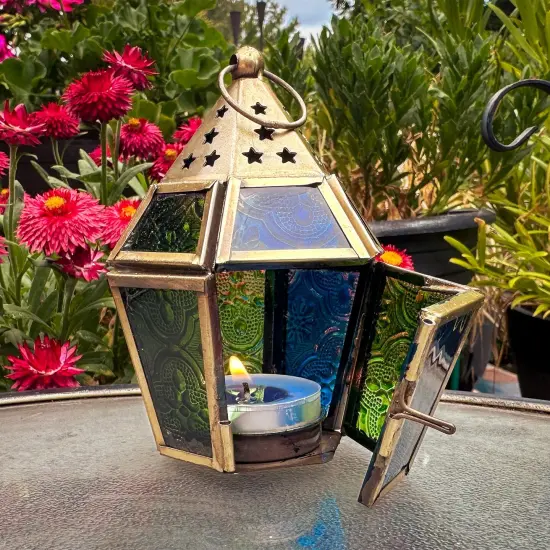 In the Breeze 9205 — Blue & Green Mini Hex Tealight Lantern — Moroccan-Style Boho Chic Tealight Glass and Metal Tabletop Lantern {3}