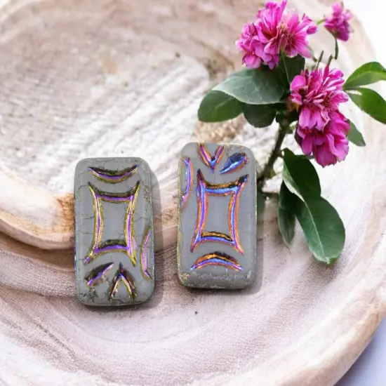 *6* 19x13mm Matte Grey Opal Sliperit Rainbow Rectangle Beads {3}
