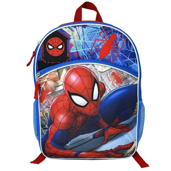 Marvel Spiderman 16" Blue and Red School Backpack with Front and Side Pockets {1}