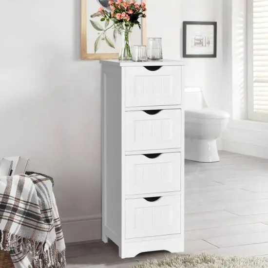 White Modern Farmhouse 4 Drawer Bathroom Floor Cabinet Freestanding Waterproof Linen Storage Organizer {2}