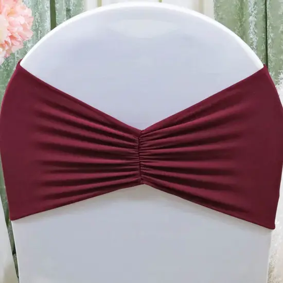 10 Pieces Burgundy Ruffled Spandex Chair Bands for Elegant Event Styling 8x13 inches {2}