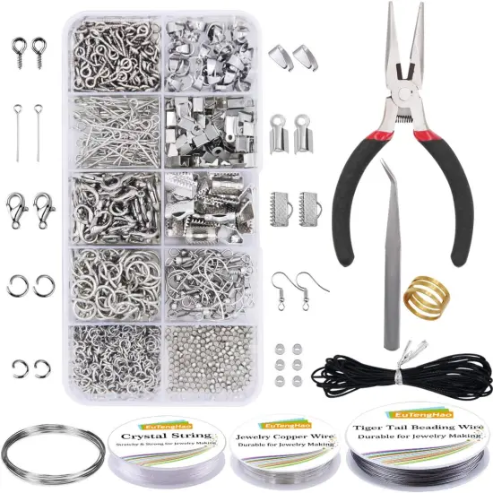 Jewelry Making Kit with Pliers, Wires, Jump Rings, Clasps, Cord and More - Silver {1}