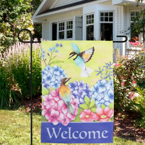 Northlight Welcome Floral Hummingbird Outdoor Garden Flag 12.5" x 18" Blue {4}