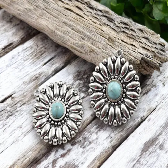 *5* 34x30mm Antique Silver w/Turquoise Sunflower Pendants {2}