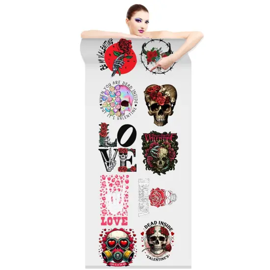 Skull and Roses Valentine DTF Transfer 22x60 - Direct-to-Film Gang Sheet, Ready-to-Press Valentine Design for Shirts, Hoodies, and More {1}