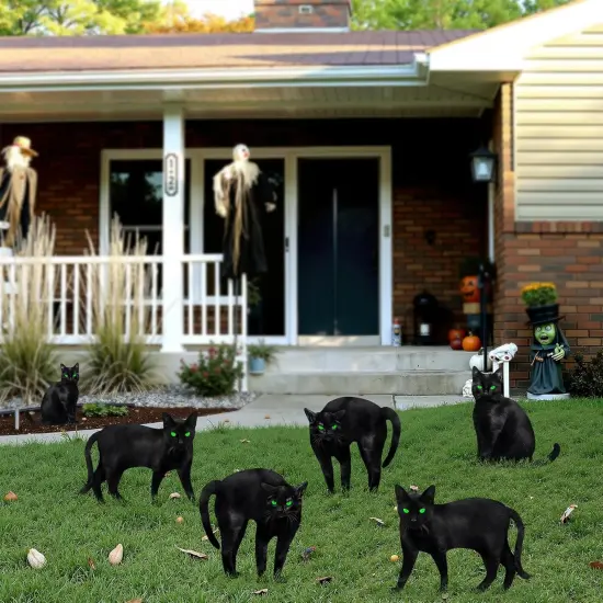 6ct Black Cat Decor Yard Signs with Stakes, Scary Silhouette with 3D Visual Furs {4}